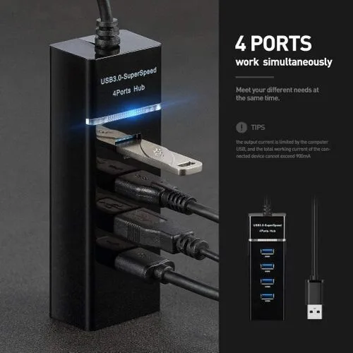 4-Port USB 3.0 Hub - USB Data Splitter with Cable view 3