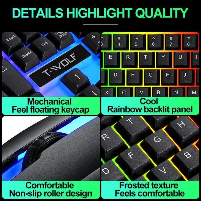 T-WOLF TF230 Wired RGB Keyboard and Mouse Set - 104 Keys view 2