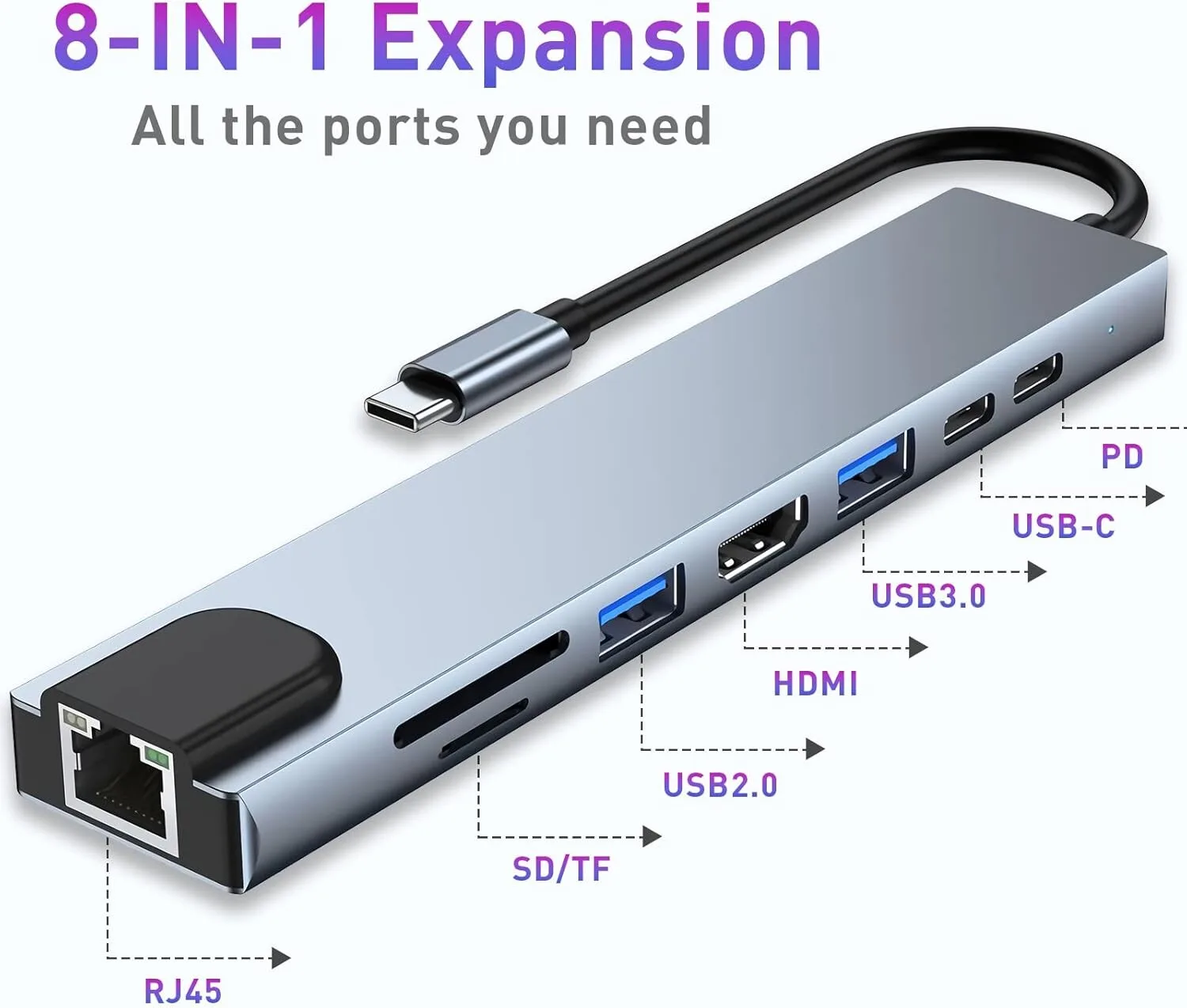 USB-C 8-in-1 Docking Station - 1x USB 3.0, 3x USB 2.0, SD/TF, USB-C, 3.5mm Audio