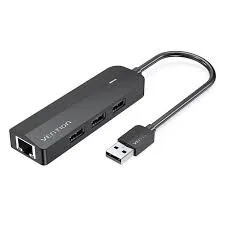 Vention 3-Port USB 2.0 Hub with LAN - 0.15M, Black view 1