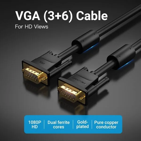 Vention VGA (3+6) Male to Male Cable with Ferrite Cores - 1.5M, Black view 1