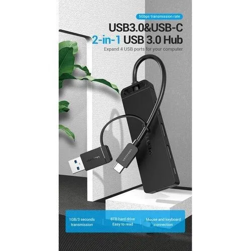 Vention 4-Port USB 3.0 Hub - Type-C & USB-A 2-in-1, 0.15m