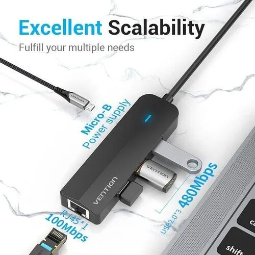 Vention USB-C to 3x USB 3.0 + RJ45 + Micro-B Hub - 0.15m, Black view 1