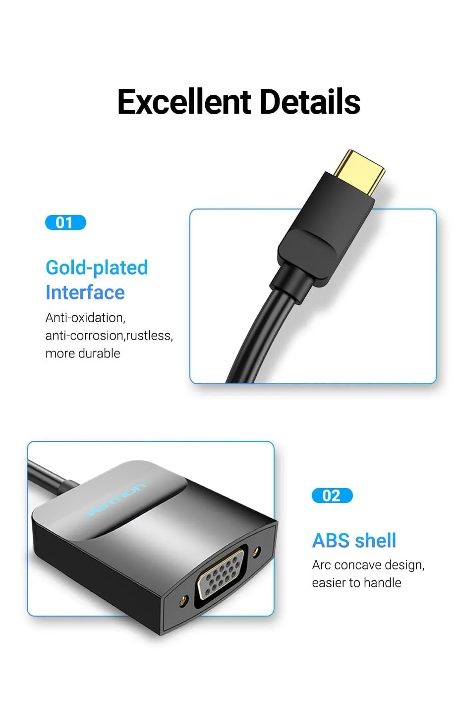 Vention Type-C to VGA Adapter - 0.15M, Black ABS